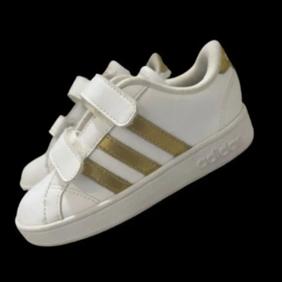Adidas Unisex Kids Baseline Sneakers White Gold DB2755 Hook &amp; Loop Shoes (8K)