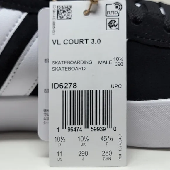 Adidas VL Court 3.0 Men's Size 11 Sneakers Casual Skate Black White ID6278 New