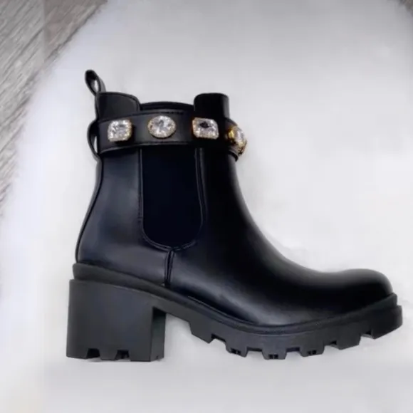Adjustable Jeweled Ankle Strap Black Chelsea Boot