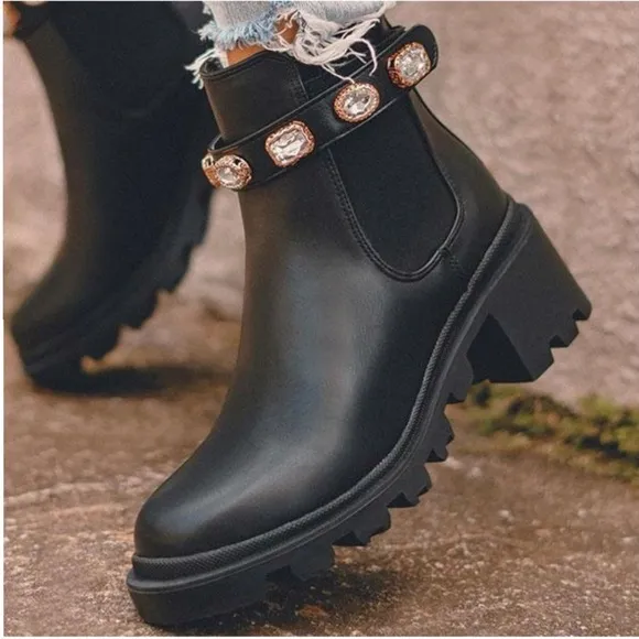 Adjustable Jeweled Ankle Strap Black Chelsea Boot