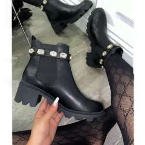 Adjustable Jeweled Ankle Strap Black Chelsea Boot