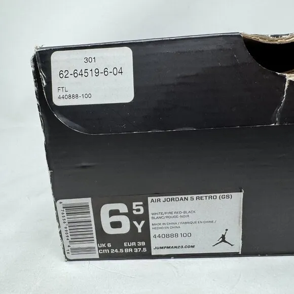 Air Jordan Retro 5 GS Fire Red Sneakers Size 6.5Y Basketball Shoes 440888-100