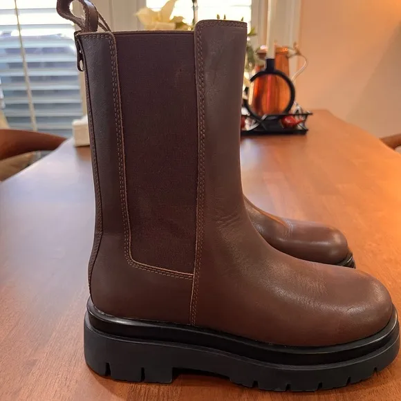 Aldo MAPLE Mid Calf Boots platform Chelsea Chestnut pull tap Chunky Sole sz 7.5
