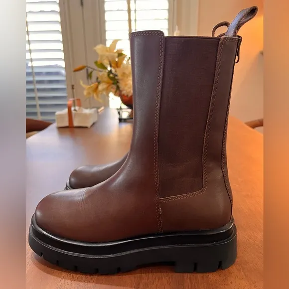 Aldo MAPLE Mid Calf Boots platform Chelsea Chestnut pull tap Chunky Sole sz 7.5