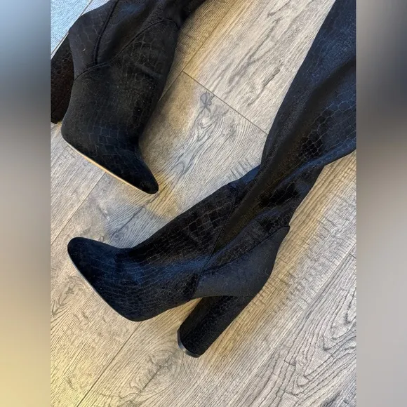 ALDO Women's Tenesha Black Velvet Thigh High Snakeskin Embossed Boots