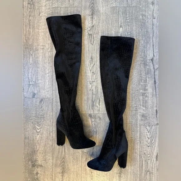 ALDO Women's Tenesha Black Velvet Thigh High Snakeskin Embossed Boots