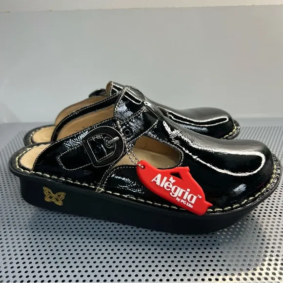 Alegria Black Shoes with Glossy Finish and Adjustable Buckle