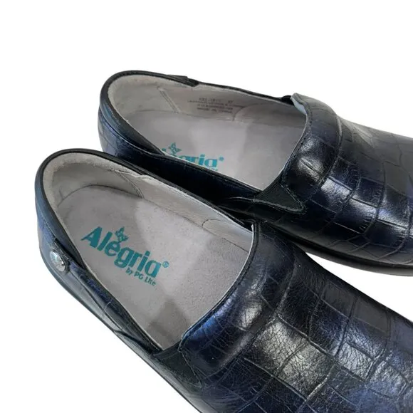 Alegria Leather Slip-On Shoes SZ 37 Black Croc Pattern Comfy Professional Clogs
