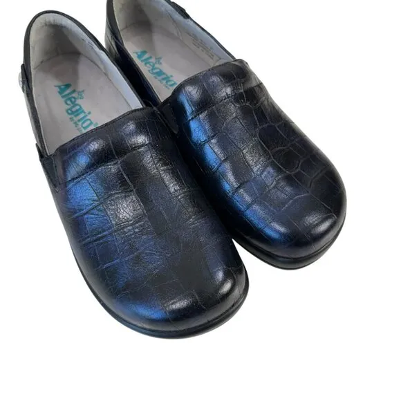 Alegria Leather Slip-On Shoes SZ 37 Black Croc Pattern Comfy Professional Clogs