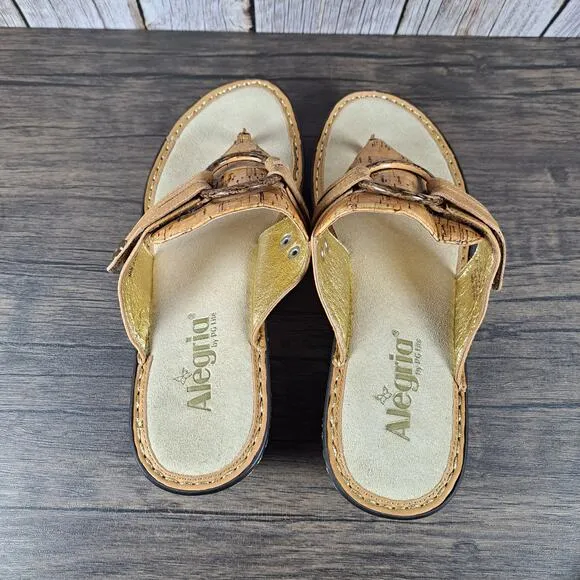 Alegria Lola Cork Wedge Thong Sandals Womens Size 9.5-10 EU40 light Cognac Brown