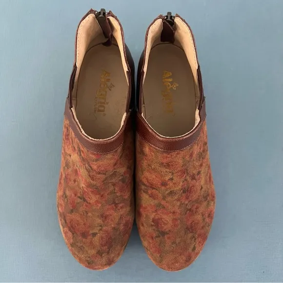 Alegria Natalee Cognac &amp; Roses Leather Ankle Wedge Boots