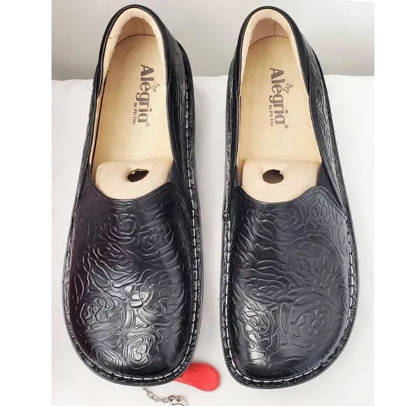 Alegria Womens Debra Black Embossed Rose Shoes Clogs Slip On Professional NIB 44