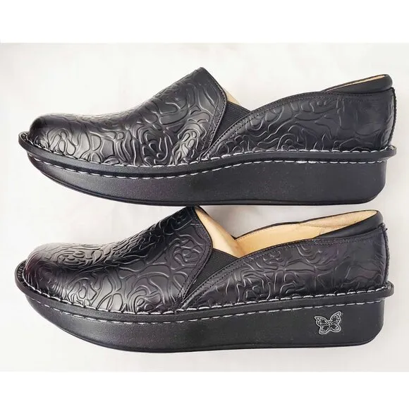 Alegria Womens Debra Black Embossed Rose Shoes Clogs Slip On Professional NIB 44