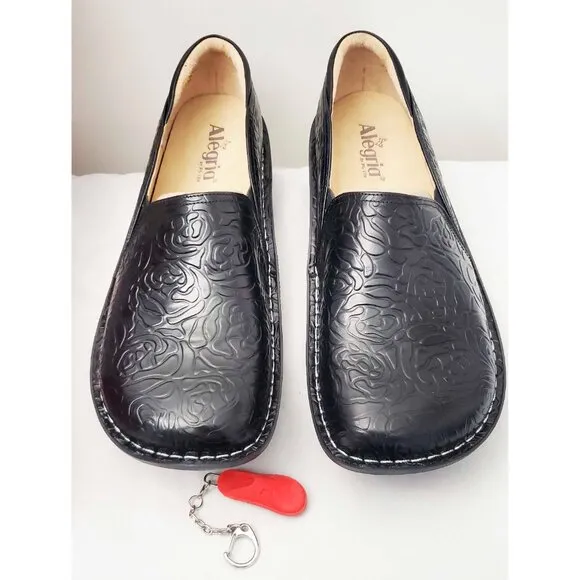 Alegria Womens Debra Black Embossed Rose Shoes Clogs Slip On Professional NIB 44