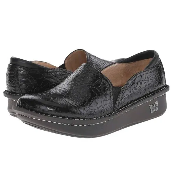 Alegria Womens Debra Black Embossed Rose Shoes Clogs Slip On Professional NIB 44