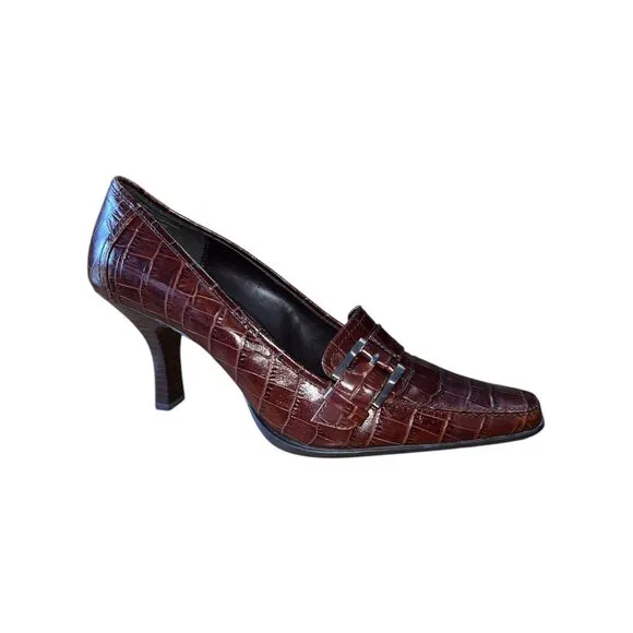 Alfani Step N Flex Brown Leather Square Toe Loafer Style Heel Women's Sz 10M NEW