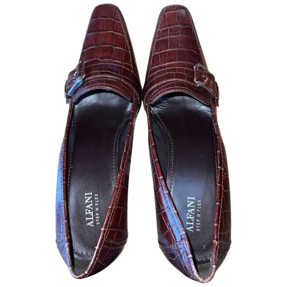 Alfani Step N Flex Brown Leather Square Toe Loafer Style Heel Women's Sz 10M NEW