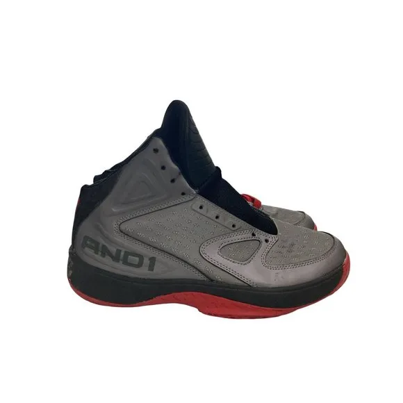 AND1 Men Size 10.5 Gray Leather Hi-Top Basketball Shoes NO INSOLES lace missing