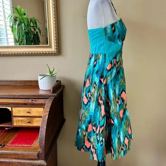 Anthropologie Girls From Savoy Teal Painted Ikat Strapless Dress Southwest Sz 4