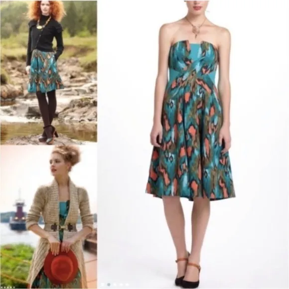 Anthropologie Girls From Savoy Teal Painted Ikat Strapless Dress Southwest Sz 4