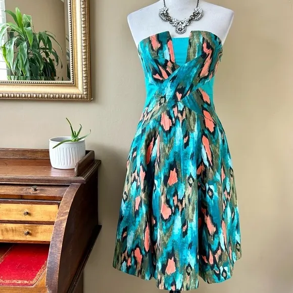 Anthropologie Girls From Savoy Teal Painted Ikat Strapless Dress Southwest Sz 4