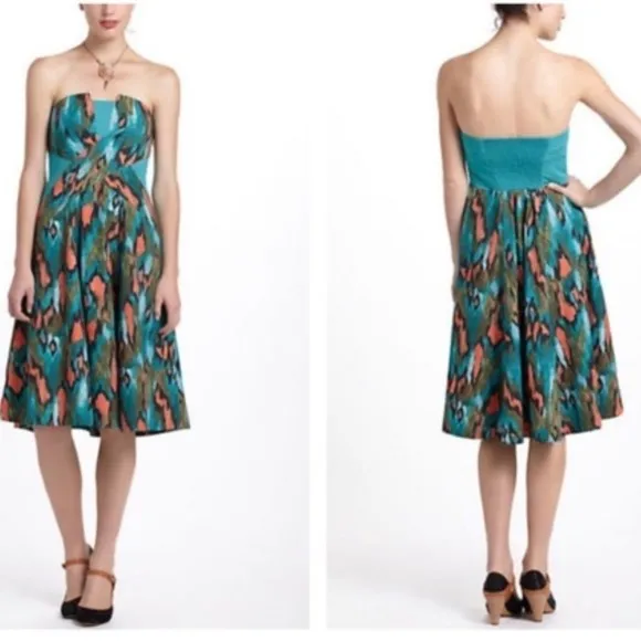 Anthropologie Girls From Savoy Teal Painted Ikat Strapless Dress Southwest Sz 4