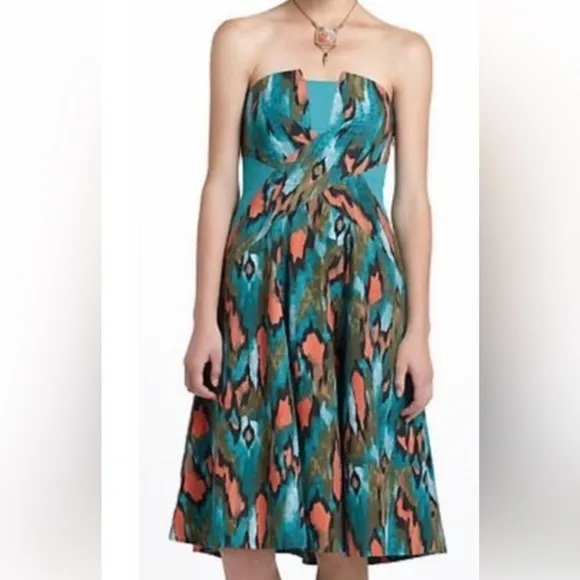 Anthropologie Girls From Savoy Teal Painted Ikat Strapless Dress Southwest Sz 4