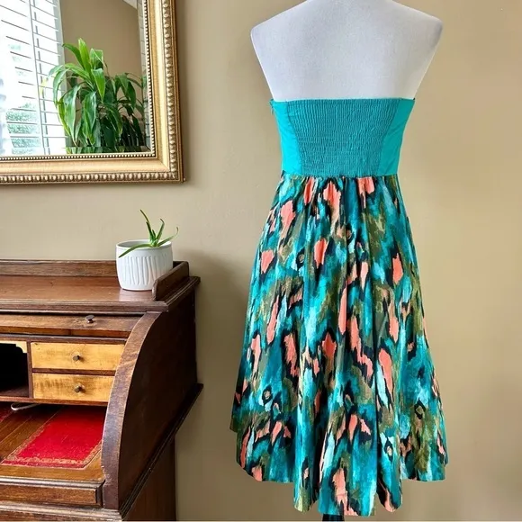 Anthropologie Girls From Savoy Teal Painted Ikat Strapless Dress Southwest Sz 4