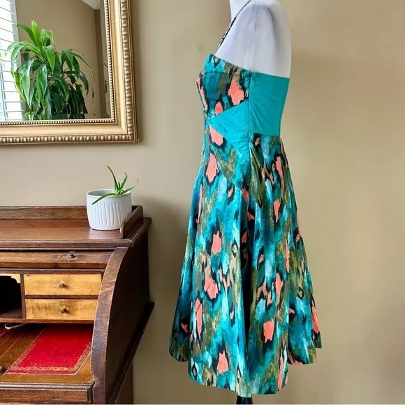 Anthropologie Girls From Savoy Teal Painted Ikat Strapless Dress Southwest Sz 4