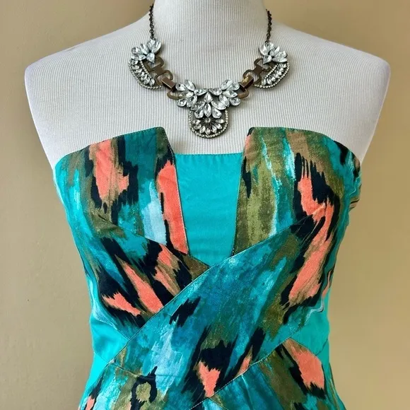 Anthropologie Girls From Savoy Teal Painted Ikat Strapless Dress Southwest Sz 4