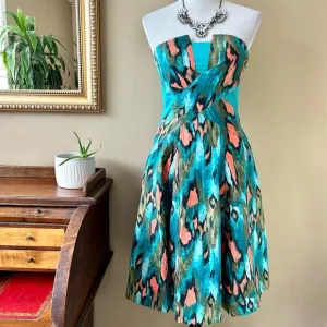 Anthropologie Girls From Savoy Teal Painted Ikat Strapless Dress Southwest Sz 4