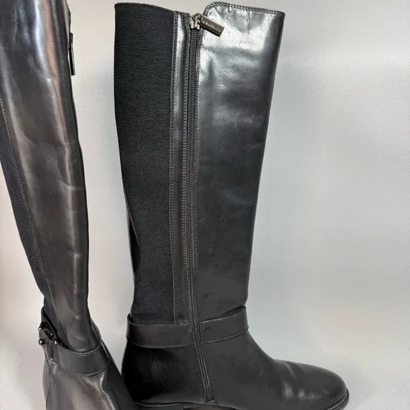 Aquatalia Black Leather Stretch Tall Equestrian Zip-Up Riding Boots