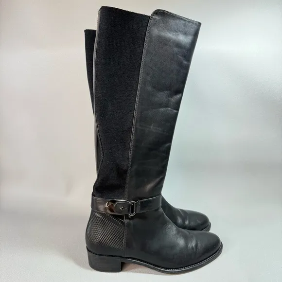 Aquatalia Black Leather Stretch Tall Equestrian Zip-Up Riding Boots