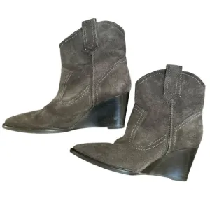 Aquatalia Suede Wedge Cowboy Ankle Boots Booties Gray Made In Italy Size 7.5