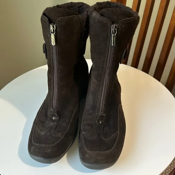 Aquatalia Suede Wedge Heel Boots Knit Sweater Collar Front Zipper Weatherproof