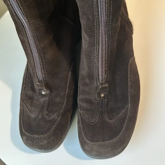 Aquatalia Suede Wedge Heel Boots Knit Sweater Collar Front Zipper Weatherproof