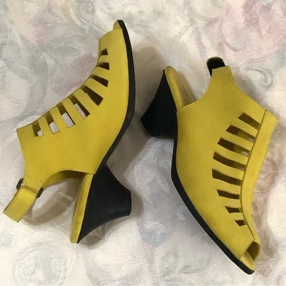 Arche Enexor Cutout Caged Sandals Cone Heel Nubuck Yellow Bootie size 5 US 36 EU