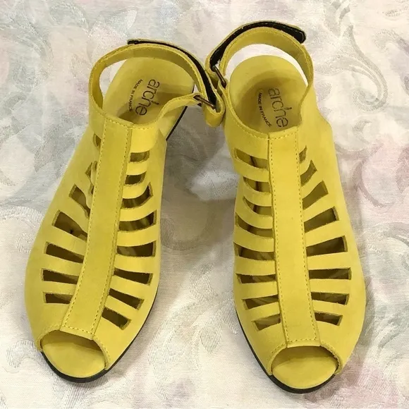 Arche Enexor Cutout Caged Sandals Cone Heel Nubuck Yellow Bootie size 5 US 36 EU