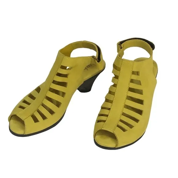 Arche Enexor Cutout Caged Sandals Cone Heel Nubuck Yellow Bootie size 5 US 36 EU