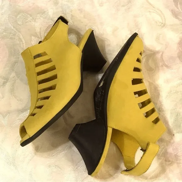 Arche Enexor Cutout Caged Sandals Cone Heel Nubuck Yellow Bootie size 5 US 36 EU