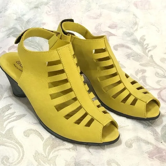 Arche Enexor Cutout Caged Sandals Cone Heel Nubuck Yellow Bootie size 5 US 36 EU