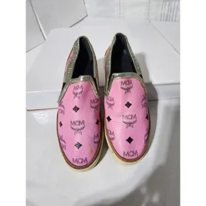 Authentic MCM Visetos Logo Slip-On Sneakers Pink Size 36
