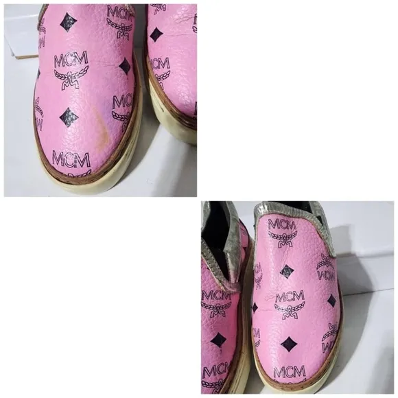 Authentic MCM Visetos Logo Slip-On Sneakers Pink Size 36