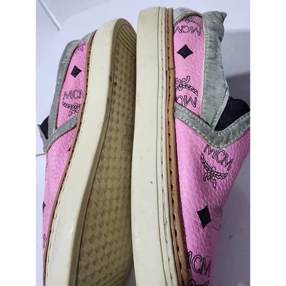 Authentic MCM Visetos Logo Slip-On Sneakers Pink Size 36