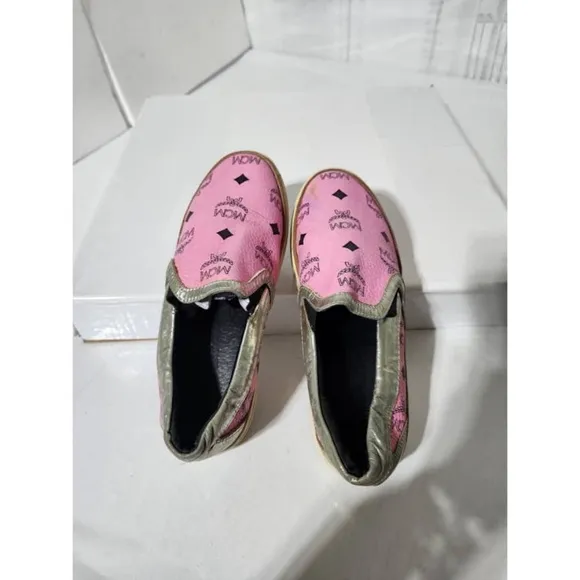 Authentic MCM Visetos Logo Slip-On Sneakers Pink Size 36