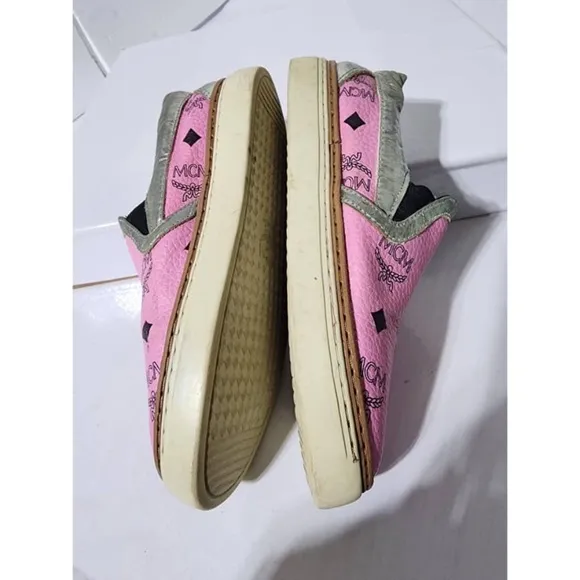 Authentic MCM Visetos Logo Slip-On Sneakers Pink Size 36