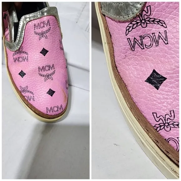 Authentic MCM Visetos Logo Slip-On Sneakers Pink Size 36