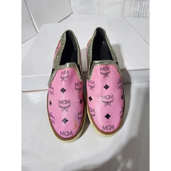 Authentic MCM Visetos Logo Slip-On Sneakers Pink Size 36