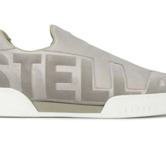 Authentic Stella McCartney Grey Faux Suede Velvet Logo Embossed Slip Sneakers 8