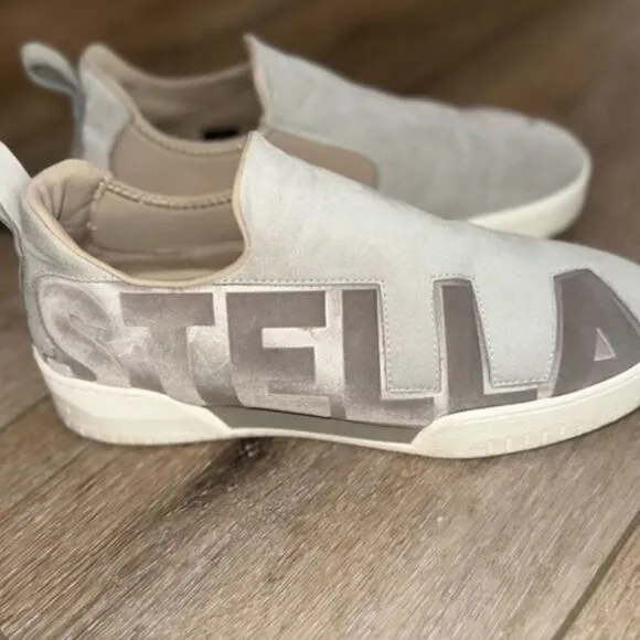 Authentic Stella McCartney Grey Faux Suede Velvet Logo Embossed Slip Sneakers 8
